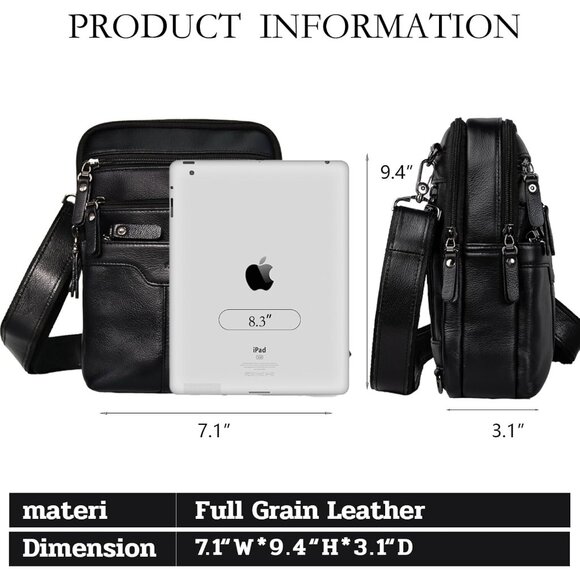 Men's Black Small Zipper Messenger Pack Genuine Leather Sling Shoulder Bag - Picture 2 of 7